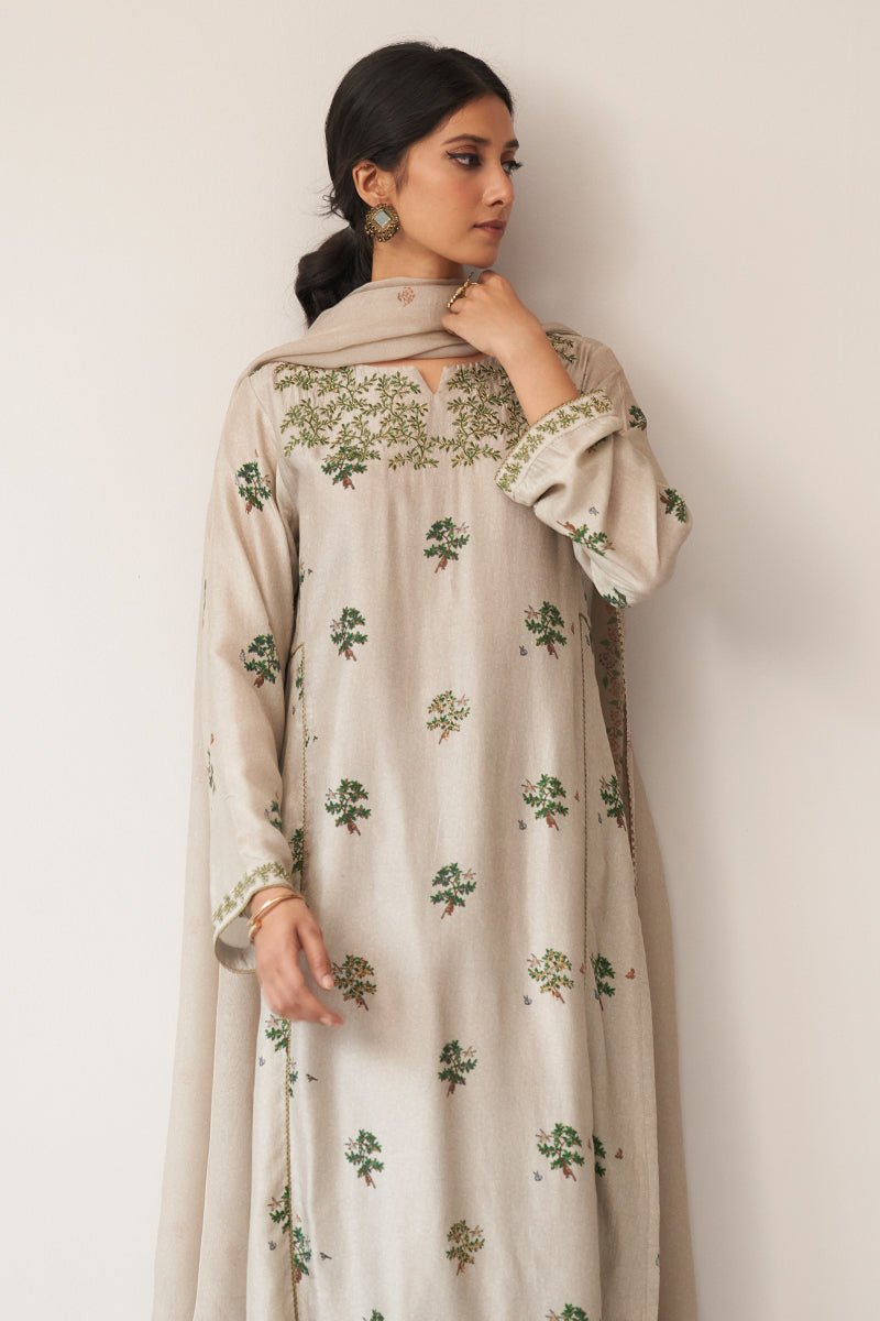 Women's Light Grey and Green Raw Silk Kurta Set