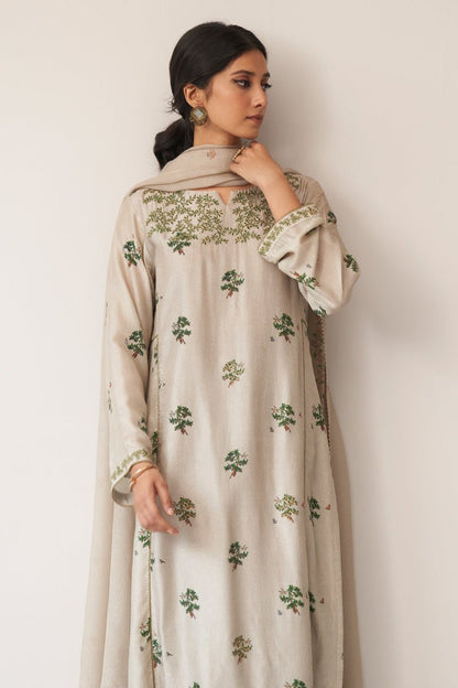 Women's Light Grey and Green Raw Silk Kurta Set