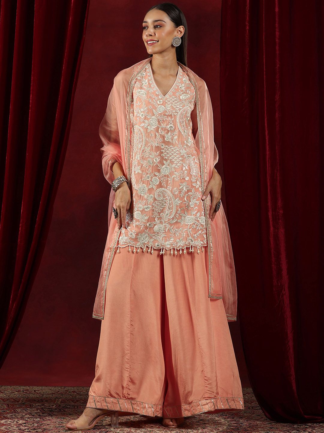Dhiyona LL Floral Embroidered Beads And Stones Straight Kurta With Palazzos & Dupatta