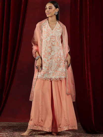 Dhiyona LL Floral Embroidered Beads And Stones Straight Kurta With Palazzos & Dupatta
