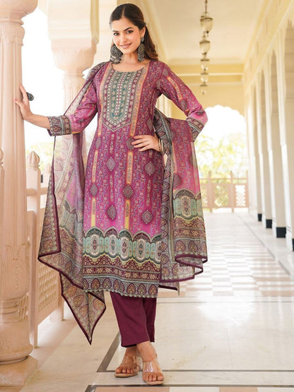 Dhiyona KL Floral Printed Round Neck Straight Kurta With Trousers And Dupatta