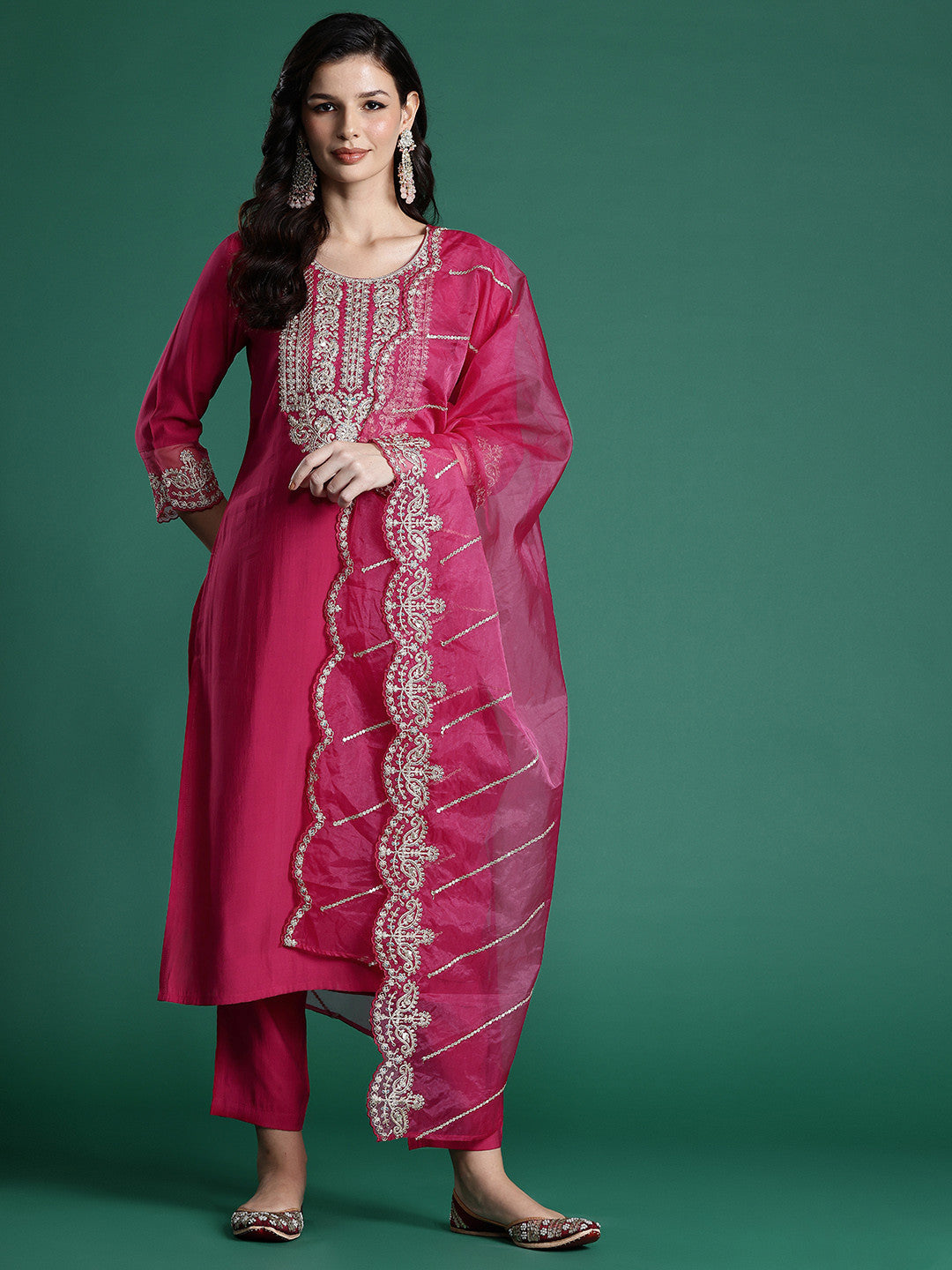 Women Ethnic Motifs Embroidered Zari Liva Kurta With Trousers & Dupatta