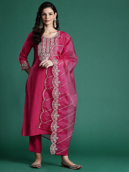 Women Ethnic Motifs Embroidered Zari Liva Kurta With Trousers & Dupatta