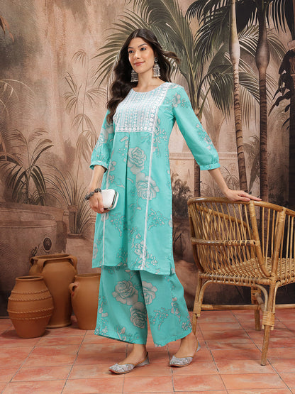 Floral Print Pleated Thread Work Kurta with Palazzos