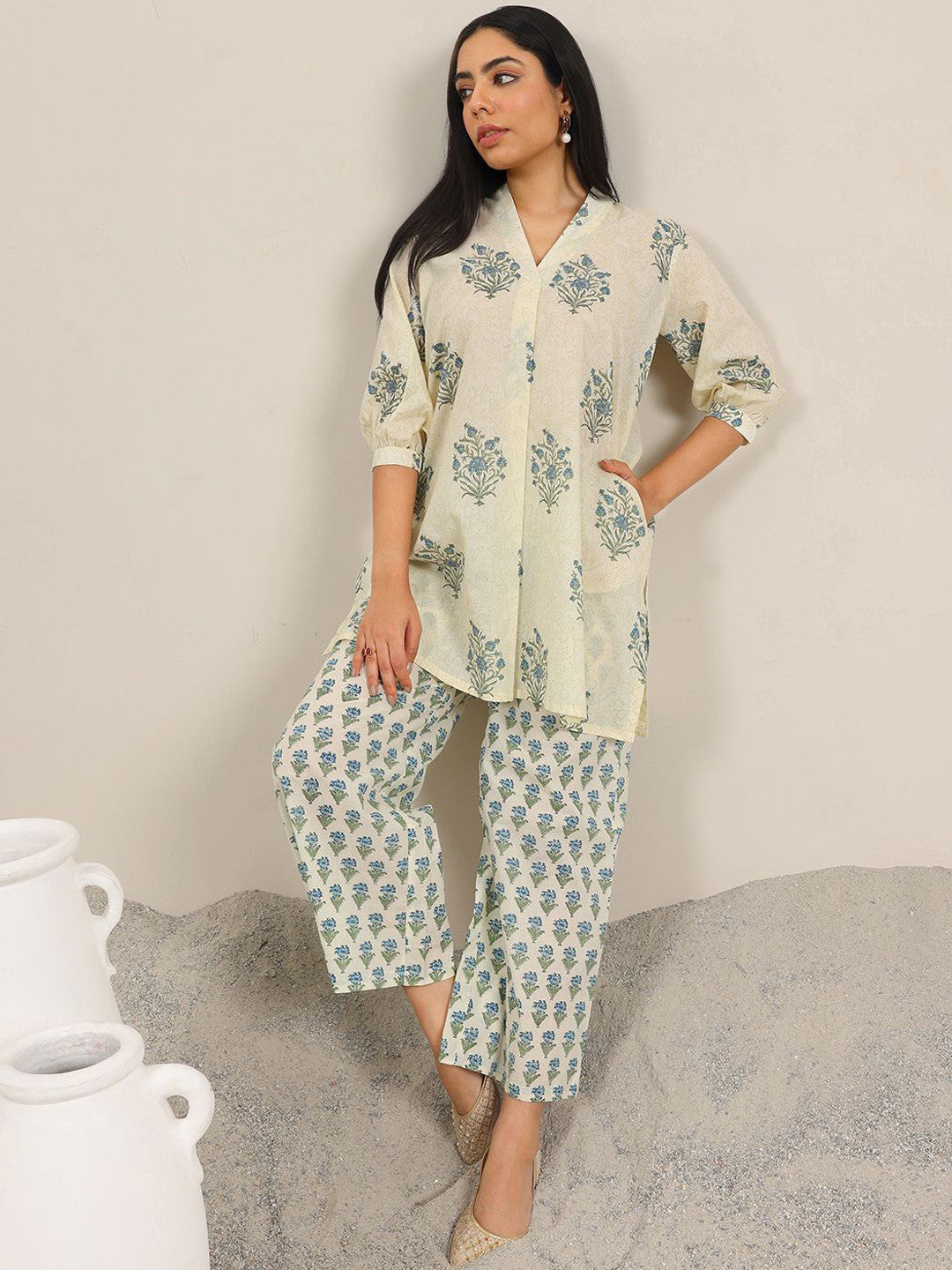 Floral Printed V-Neck A-Line Kurta With Palazzo