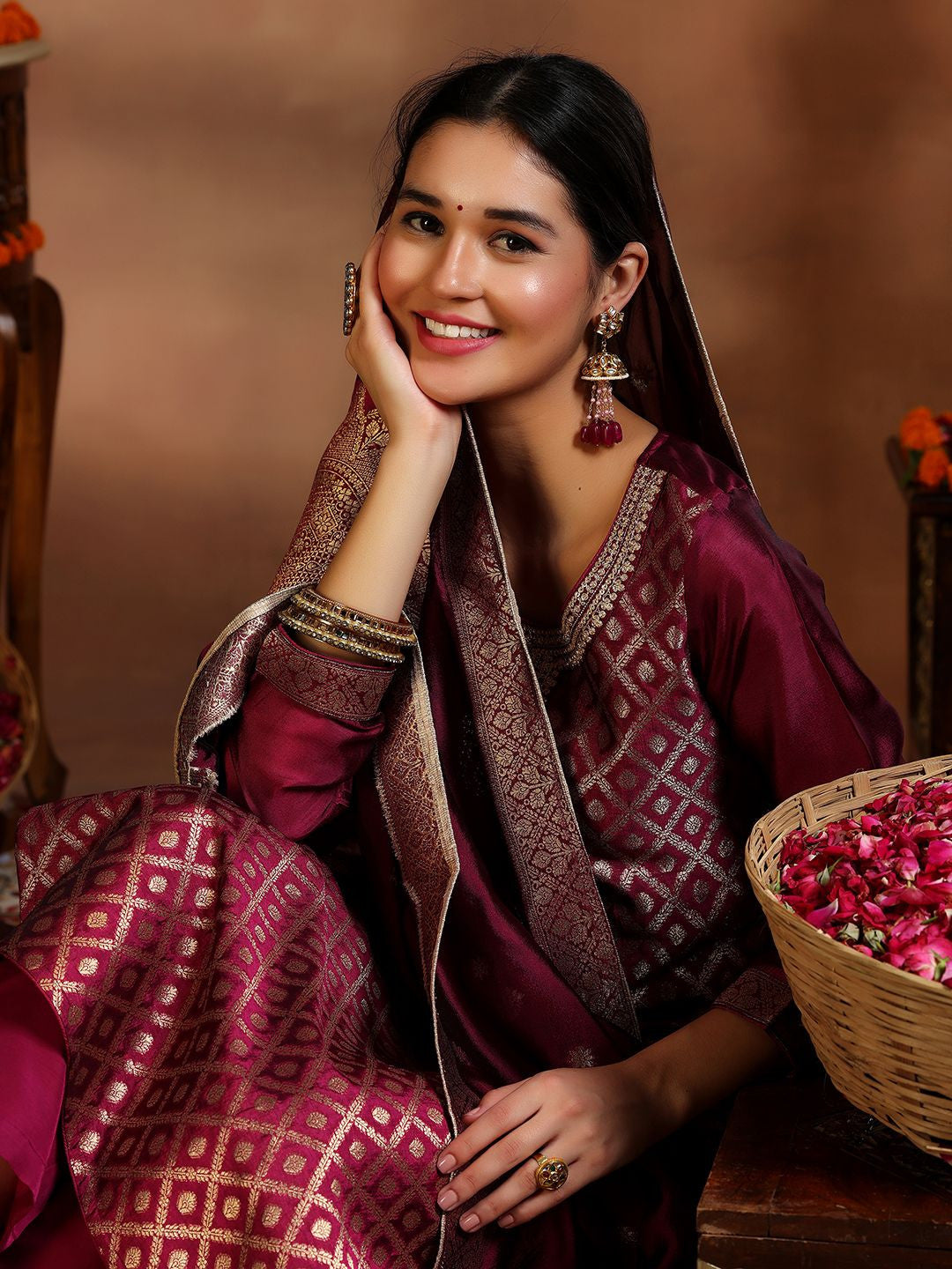 Women Ethnic Motifs Regular Kurta with Trousers & With Dupatta