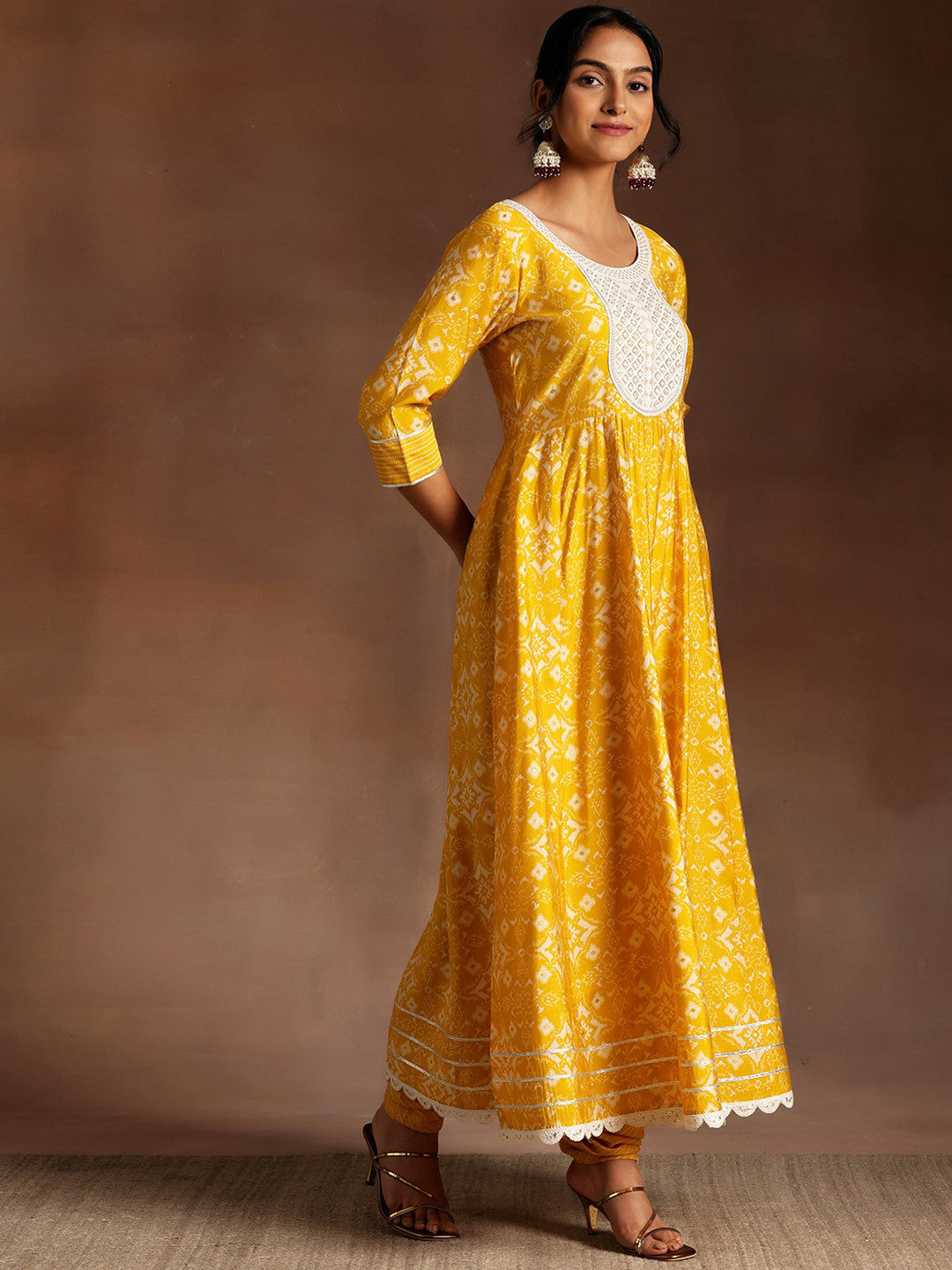Womens Mustard Printed Anarkali Kurta With Churidar & Dupatta