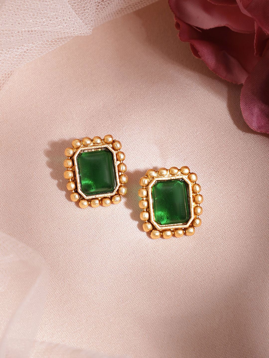 Dhiyona RJ Women's 22K Gold-Plated Emerald Green Stone Studded Choker Necklace Set with Gold Beads