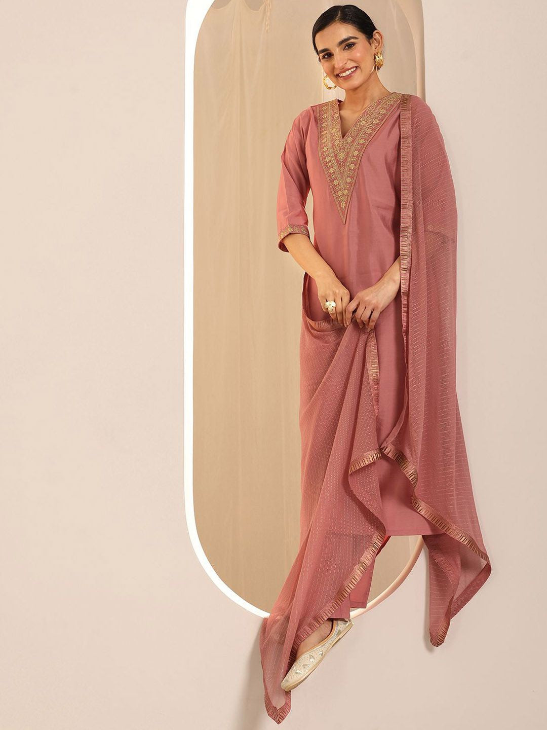 Floral Yoke Design Sequnnied Straight Kurta With Trousers & Dupatta