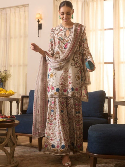 Dhiyona AN Ethnic Motifs Printed Keyhole Neck Straight Kurta With Sharara & Dupatta