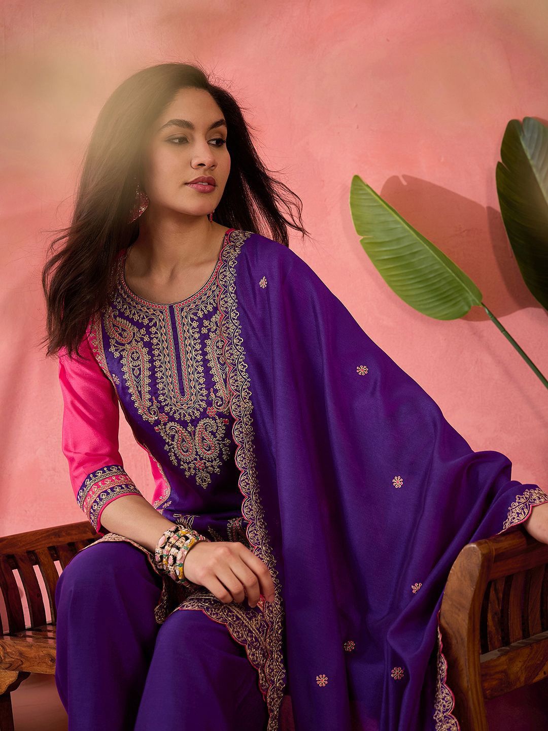 Dhiyona SN Purple Paisley Embroidered Round Neck Straight Kurta With Palazzos And Dupatta