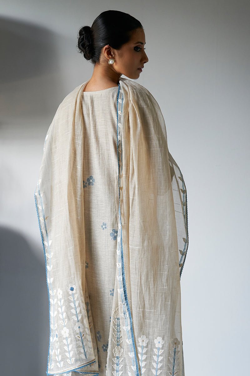 Women's Beige Woven Kurta Suit Set With Delicate Hand Work Detailing