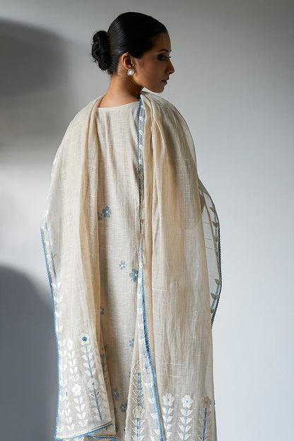 Women's Beige Woven Kurta Suit Set With Delicate Hand Work Detailing