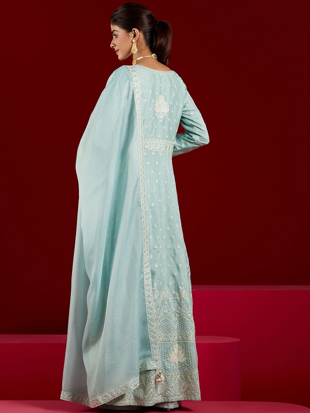 Dhiyona LL Floral Embroidered Panelled Sequinned Pure Silk Kurta with Palazzos & Dupatta