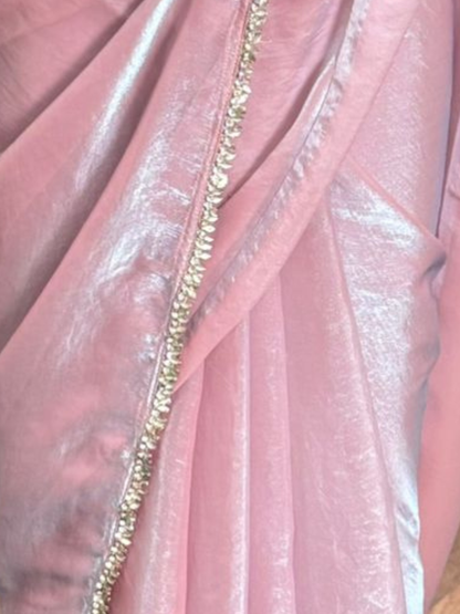 Dhiyona ST Pink Blue Metallic Satin Saree with Lace and Self Blouse Fabric
