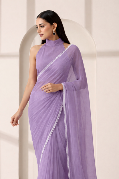 Dhiyona ST Purple Chiffon Saree with Lace and Self Fabric Blouse
