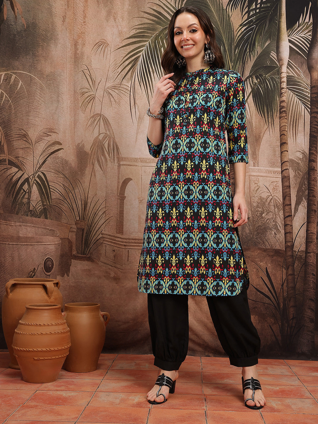 Floral Printed Band Collar Kurta with Salwar