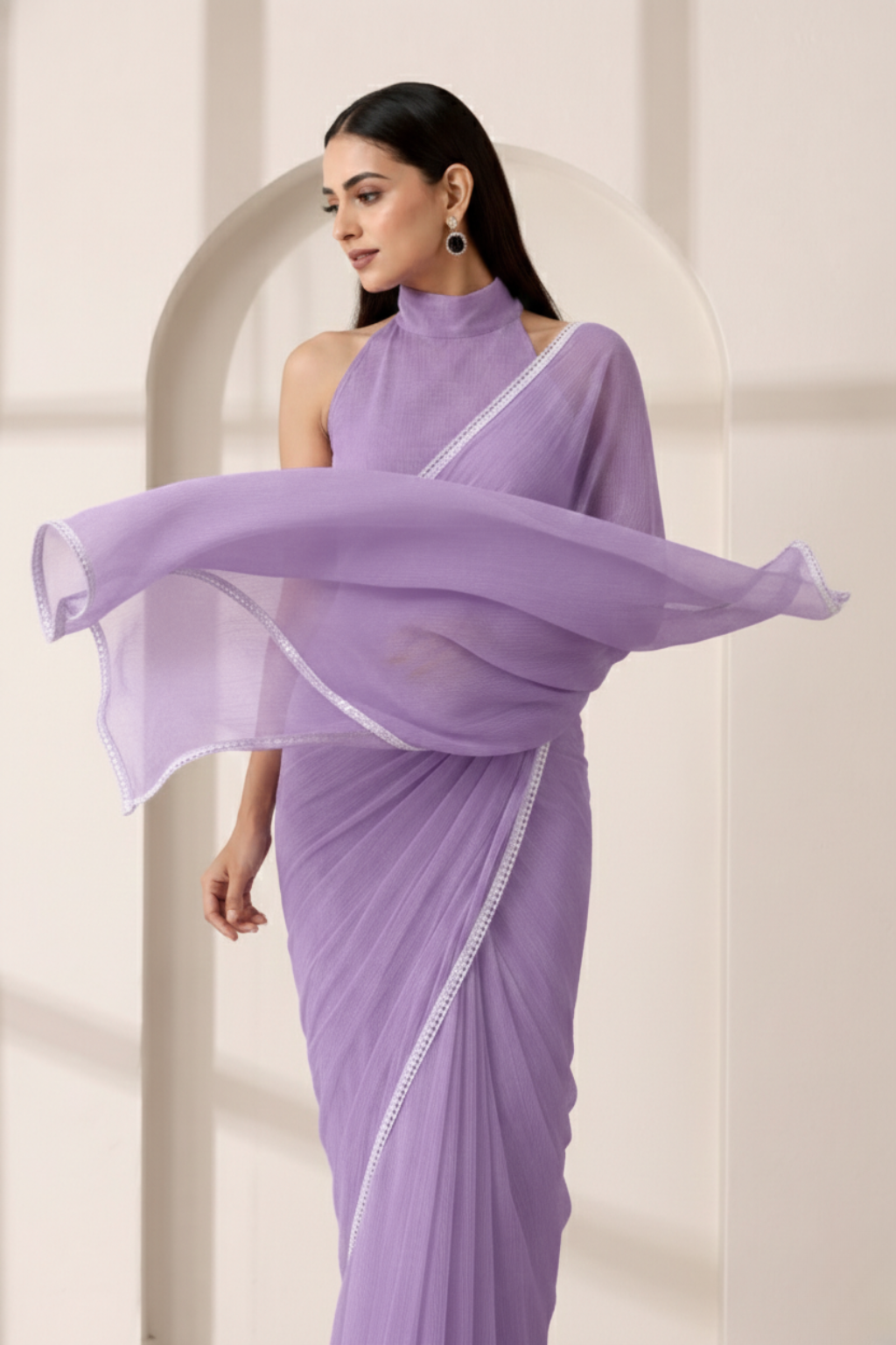 Dhiyona ST Purple Chiffon Saree with Lace and Self Fabric Blouse