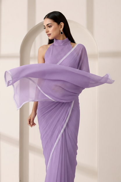Dhiyona ST Purple Chiffon Saree with Lace and Self Fabric Blouse