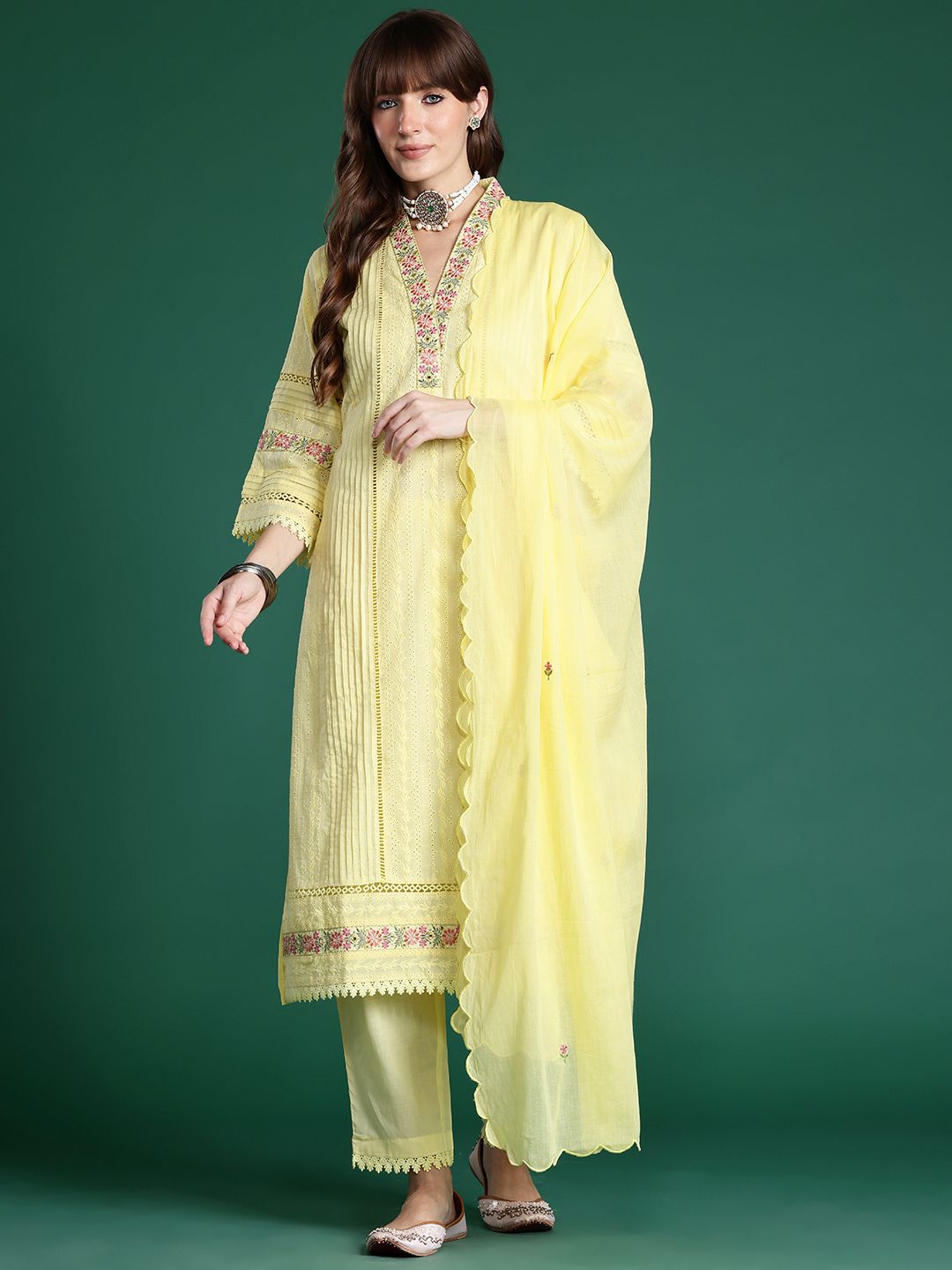 Dhiyona IE Floral Embroidered Pure Cotton Kurta with Trousers & Dupatta