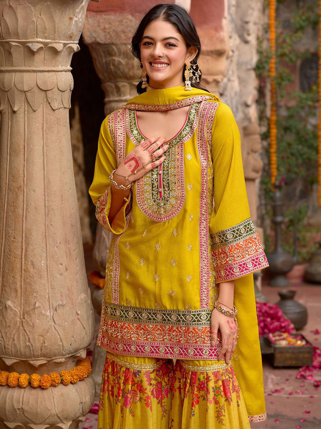 Embroidered Sequinned Kurti With Sharara & Dupatta