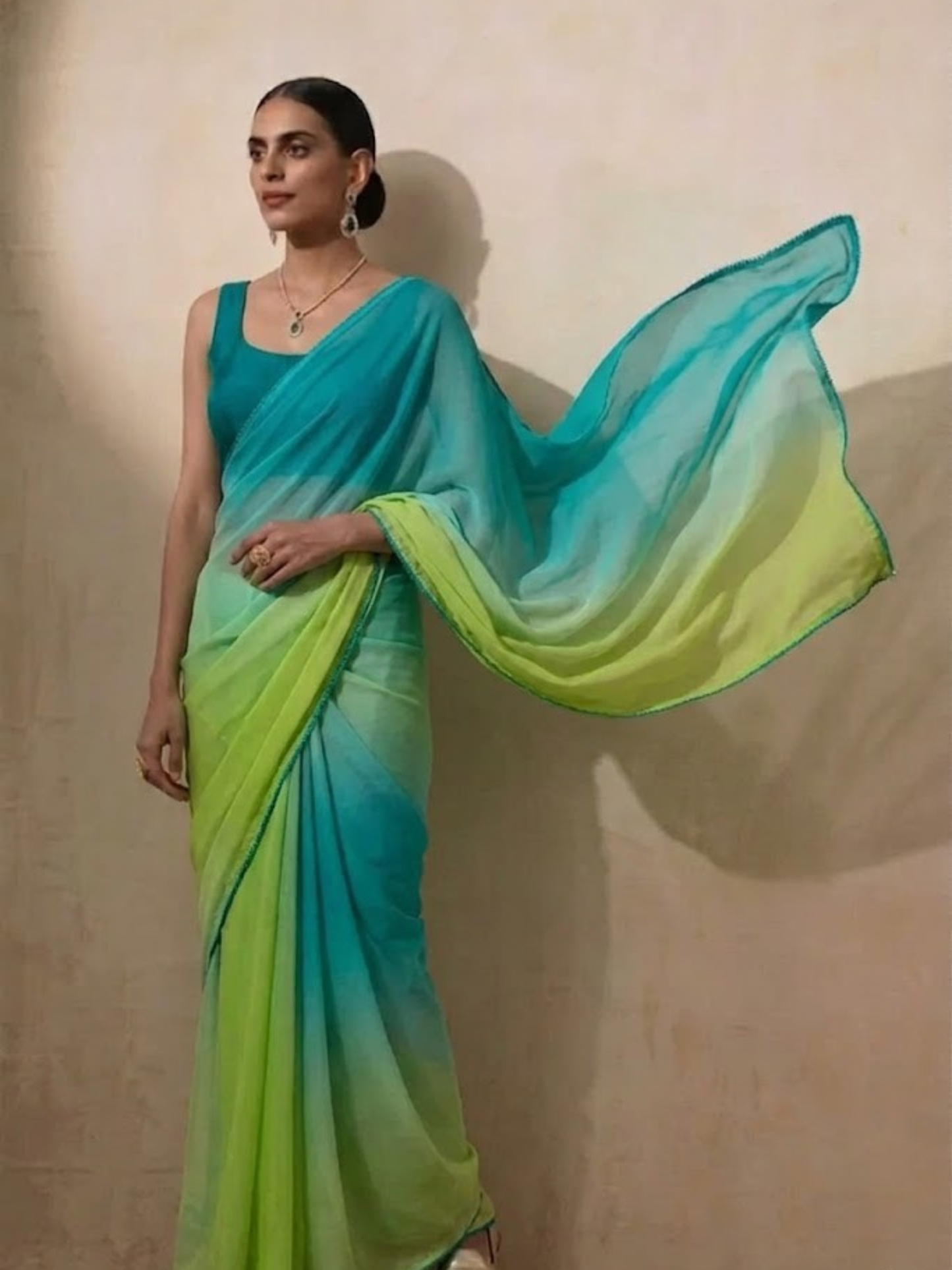 Dhiyona ST Blue and Green Ombre Chiffon Saree with Self Fabric Blouse