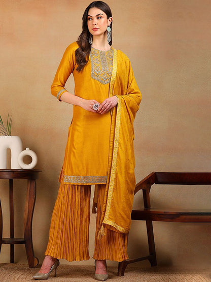 Dhiyona KL Floral Embroidered Zari Straight Kurta With Palazzos & Dupatta