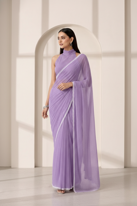 Dhiyona ST Purple Chiffon Saree with Lace and Self Fabric Blouse