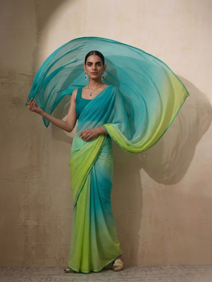 Dhiyona ST Blue and Green Ombre Chiffon Saree with Self Fabric Blouse