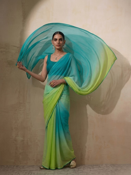 Dhiyona ST Blue and Green Ombre Chiffon Saree with Self Fabric Blouse