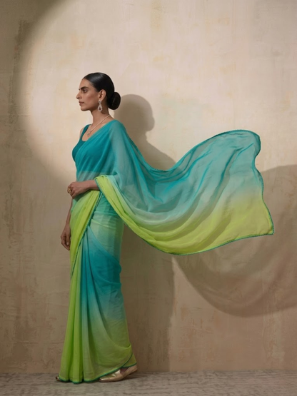 Dhiyona ST Blue and Green Ombre Chiffon Saree with Self Fabric Blouse