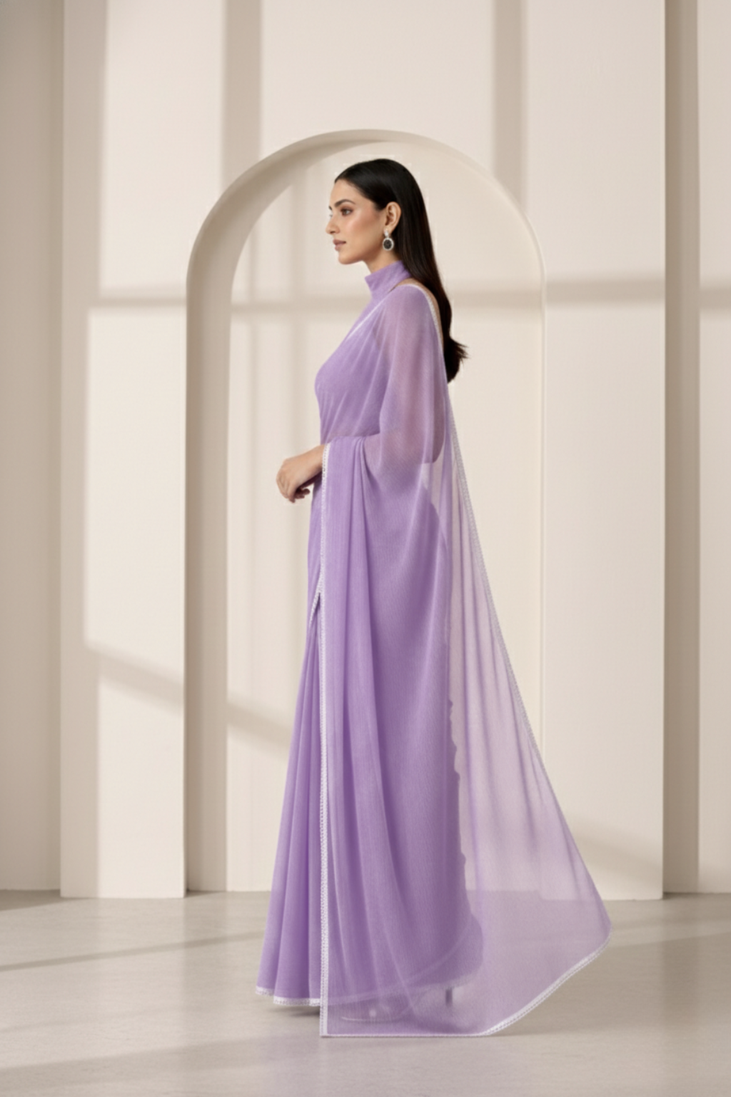 Dhiyona ST Purple Chiffon Saree with Lace and Self Fabric Blouse