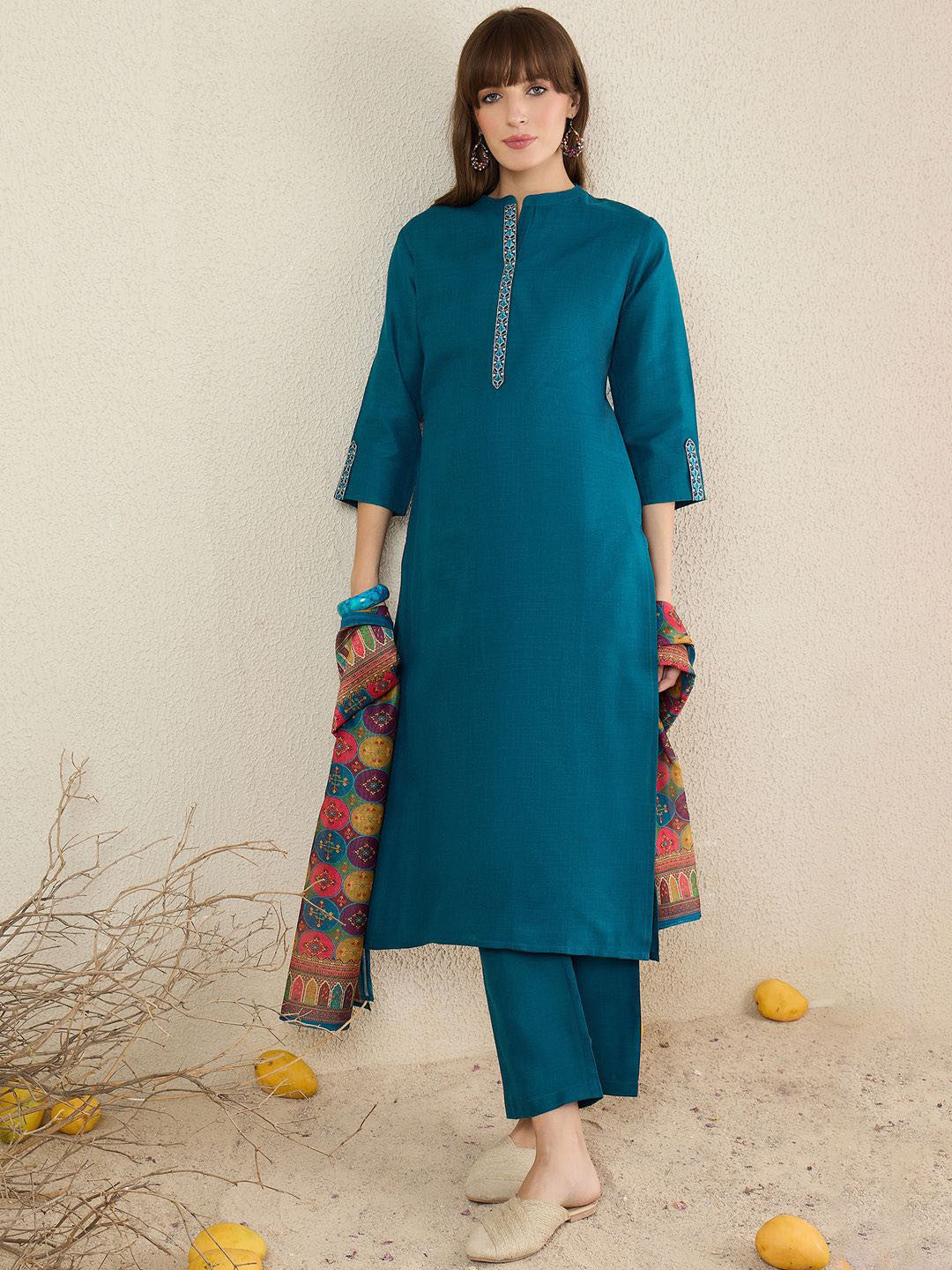 Women Solid Embroidered Kurta with Trousers & Dupatta