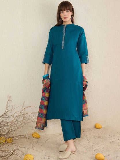 Women Solid Embroidered Kurta with Trousers & Dupatta