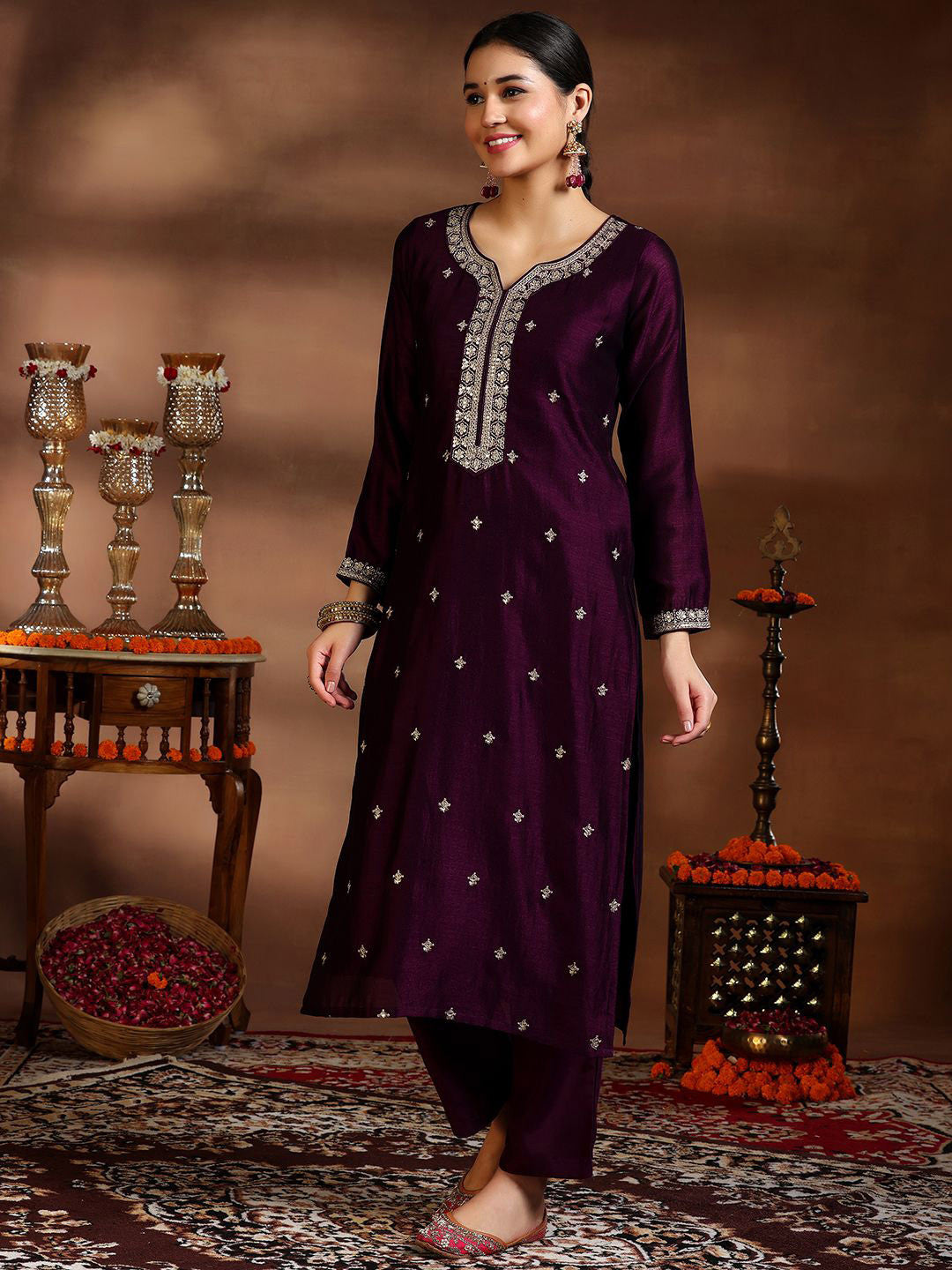 Ethnic Motifs Embroidered V-Neck Straight Thread Work Kurta With Trousers & Dupatta