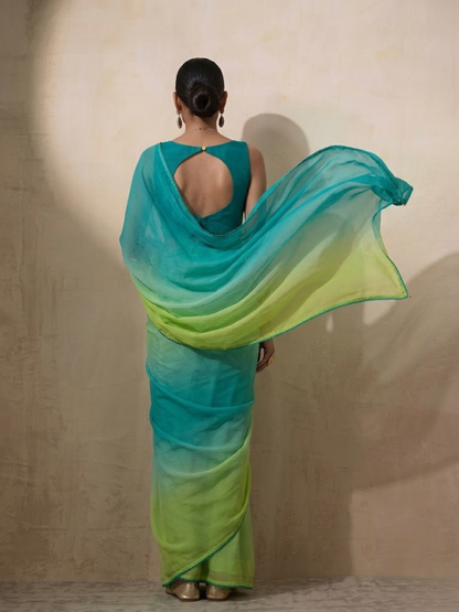 Dhiyona ST Blue and Green Ombre Chiffon Saree with Self Fabric Blouse