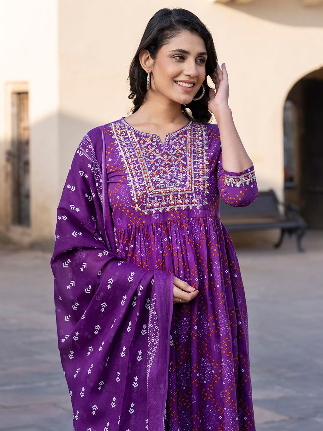 Dhiyona KL Women Bandhani Embroidered Regular Pure Cotton Kurta with Trousers & With Dupatta