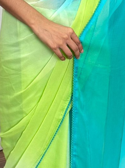 Dhiyona ST Blue and Green Ombre Chiffon Saree with Self Fabric Blouse