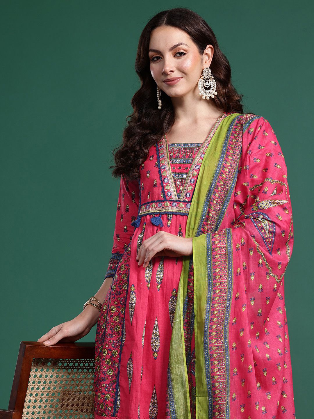Dhiyona IE Ethnic Motifs Pure Cotton Kurta with Trousers & Dupatta