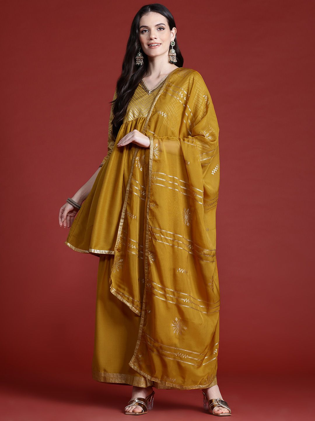 Dhiyona AN Printed Panelled Sequinned Kurta with Sharara & Dupatta