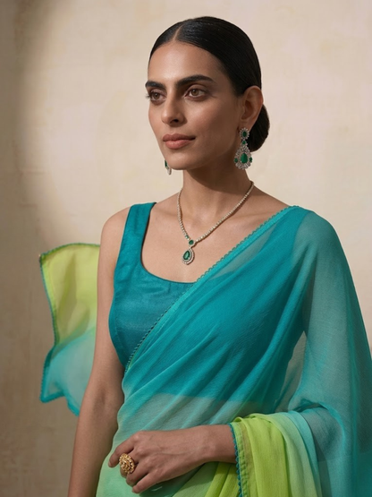 Dhiyona ST Blue and Green Ombre Chiffon Saree with Self Fabric Blouse
