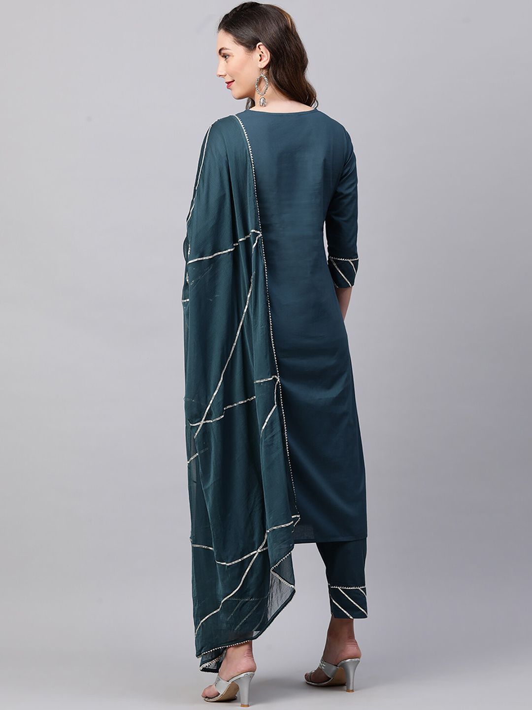 Dhiyona IE Women Teal Green & Golden Gotta Patti Pure Cotton Kurta with Trousers & Dupatta