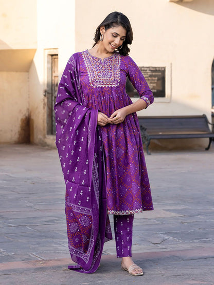 Dhiyona KL Women Bandhani Embroidered Regular Pure Cotton Kurta with Trousers & With Dupatta