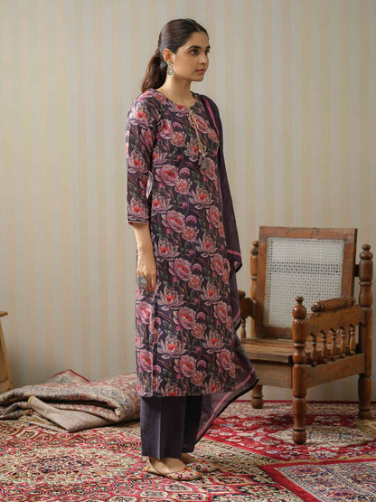 Dhiyona IS Women's Floral Printed Tie-Up Neck Linen Kurta with Trousers & With Dupatta