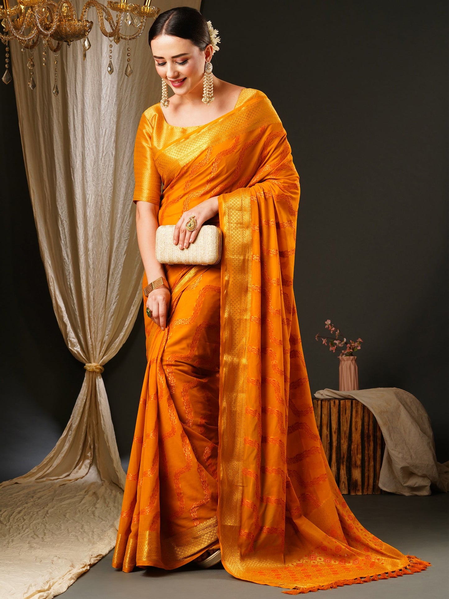 Women's Georgette Yellow Woven Design Celebrity Saree With Blouse Piece