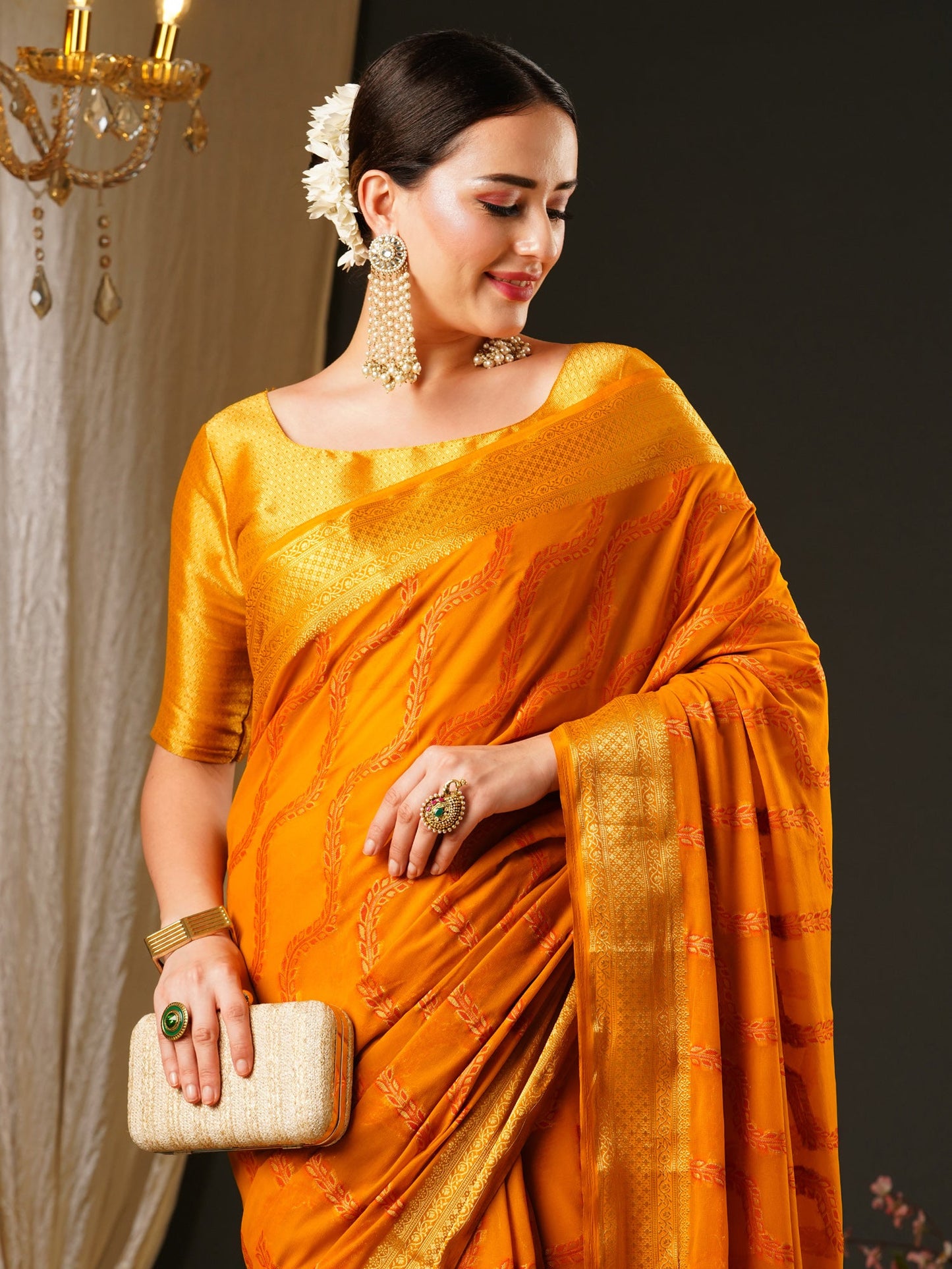 Women's Georgette Yellow Woven Design Celebrity Saree With Blouse Piece