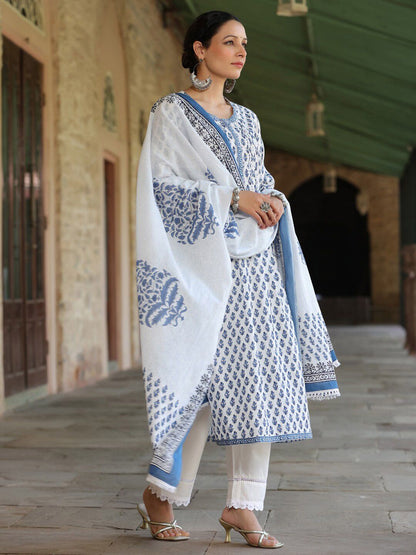 Dhiyona RR Women's Ethnic Motifs Printed Regular Pure Cotton Kurta with Trousers & Dupatta