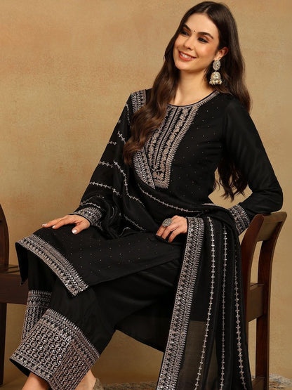 Dhiyona KL Ethnic Motifs Yoke Design Sequinned Kurta With Palazzos & Dupatta