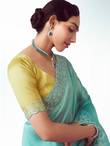 Dhiyona KM Women Sky Blue Organza Silk Saree