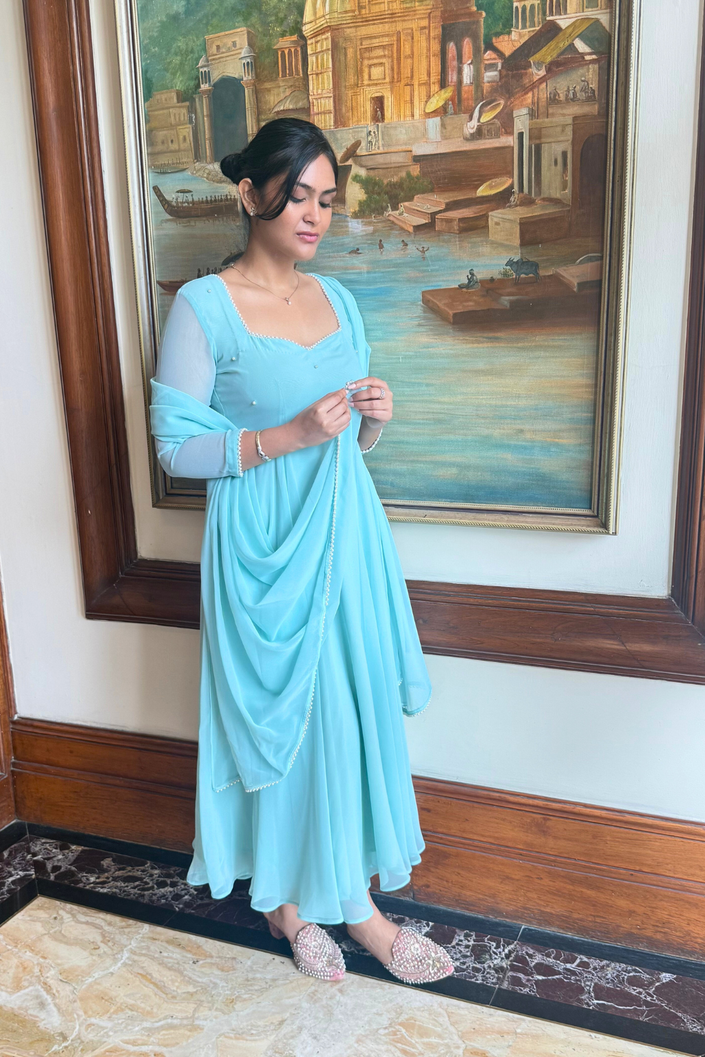 Dhiyona ST 3 pc Suit Set -Light Blue Georgette 3/4th Sleeve Anarkali with Pearls with Dupatta and Pants